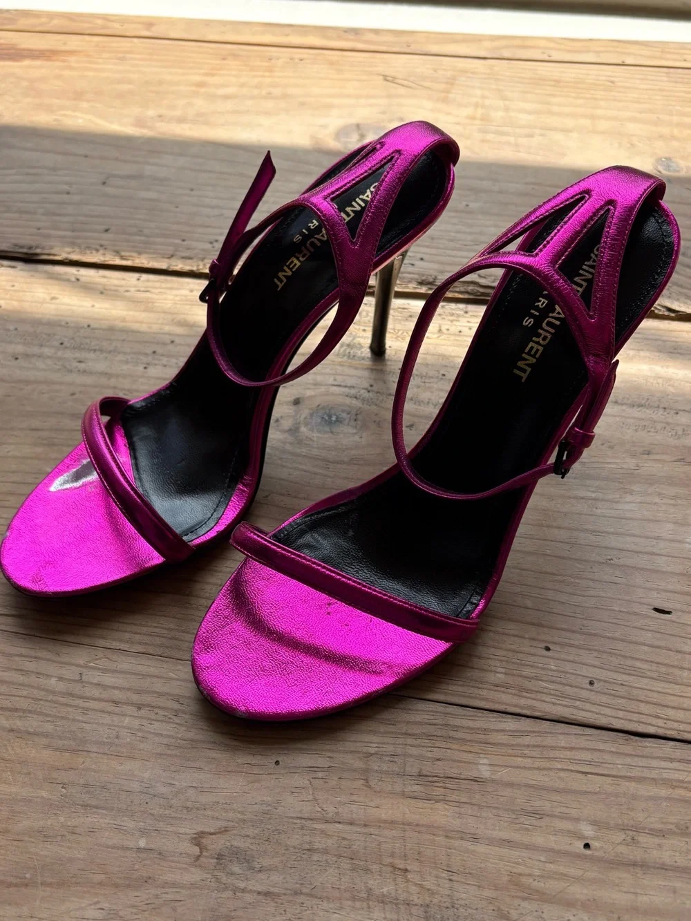 Saint Laurent Metallic Fuchsia Ankle-Strap Stiletto Sandals - Picture 4 of 13